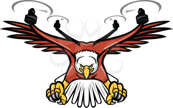 Mascot icon illustration of a half eagle half drone or quadcopter with four rotor propellers swooping down with talons facing viewed from front on isolated background in retro style.