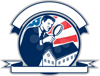 Icon retro style illustration of an American home inspector with magnifying glass and United States of America USA star spangled banner or stars and stripes flag inside circle isolated background.