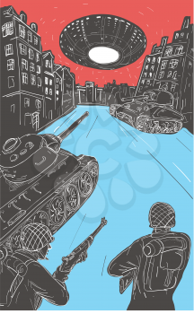 Drawing sketch style illustration showing a T-34 Russian tank faced against a U.S. M4 Sherman with American world war two GI soldiers in foreground and an alien spaceship hovering above a Western European city.