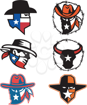 Mascot icon illustration of head of a Texan outlaw or bandit and a Texas longhorn bull on isolated background in retro style.