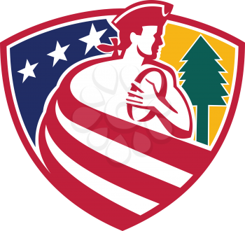 Mascot icon illustration of an American patriot as rugby player with ball and pine tree draped in USA stars and stripes star spangled banner flag set inside shield or crest done in retro style.