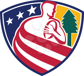 Mascot icon illustration of an American rugby union player with ball and pine tree draped in USA stars and stripes star spangled banner flag set inside shield or crest done in retro style.