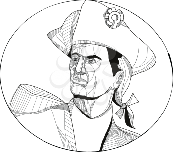 Doodle art illustration of an American patriot, minuteman or revolutionary militia soldier looking to side set inside circle.