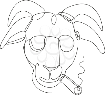 Continuous line drawing illustration of a bill goat wearing sunglasses and smoking a cigar viewed from front done in sketch or doodle style. 