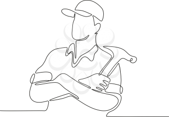Continuous line drawing illustration of a builder, carpenter or construction worker arms crossed with hammer done in sketch or doodle style. 