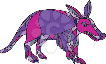 Mosaic low polygon style illustration of an aardvark, a medium-sized, burrowing, nocturnal mammal that is an insectivore with a long pig-like snout on isolated white background in color.