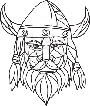Mosaic low polygon style illustration of head of a viking, norseman or barbarian viewed from front on isolated white background in black and white.