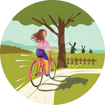 Retro style illustration of a girl riding a vintage cruiser bicycle looking back up towards tree with windmills set inside circle.