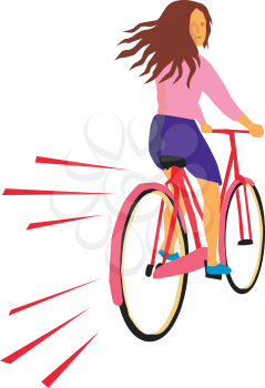 Retro style illustration of a girl riding a vintage cruiser bicycle looking back on isolated background.