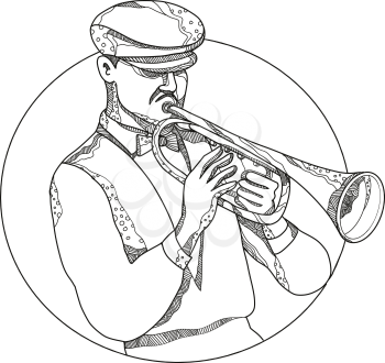 Doodle art illustration of a classical jazz musician playing a trumpet wearing a flat cap or cabbie cap set inside circle in black and white done in mandala style.