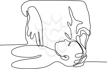 Continuous line illustration of an adult performing cardiopulmonary resuscitation or CPR on infant, an emergency procedure use chest compression with artificial ventilation to preserve brain function.