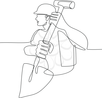 Continuous line illustration of a construction worker, handyman or gardener holding spade shovel done in black and white monoline style.