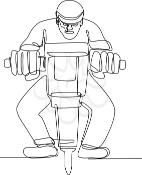 Continuous line illustration of construction worker with jackhammer, a portable  pneumatic or electro-mechanical tool that is a hammer and drill done in black and white monoline style.