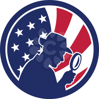 Icon retro style illustration of an American private investigator silhouette with magnifying glass with United States of America USA star spangled banner or stars and stripes flag inside circle.