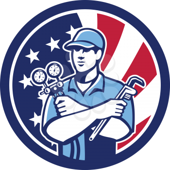 Icon retro style illustration of an American air conditioning or air-con serviceman holding manifold gauge with United States of America USA star spangled banner inside circle isolated background.