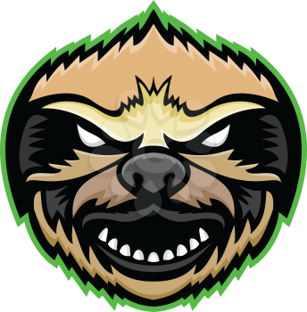 Mascot icon illustration of head of an angry Sloth, an arboreal mammal in the tropical rainforests of South America and Central America viewed from front on isolated background in retro style.