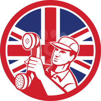 Icon retro style illustration of a British  telephone installation repair technician or  repairman holding phone  with United Kingdom UK, Great Britain Union Jack flag set inside circle on isolated background.