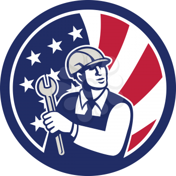 Icon retro style illustration of an American mechanical engineer holding a spanner with United States of America USA star spangled banner or stars and stripes flag inside circle isolated background.