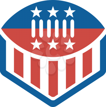 Icon style illustration of an American Football on top of crest shield with USA stars and stripes banner Flag isolated background.