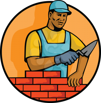 Mascot illustration of a black African American bricklayer or mason, laying bricks to construct brickwork masonry set inside circle on isolated white background done in retro style.