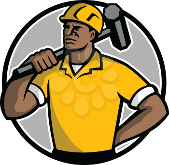 Mascot illustration of a black African American demolition worker, laborer or construction worker with sledgehammer set inside circle on isolated white background done in retro style.
