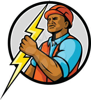 Mascot illiustration of a black African American electrician or power lineman holding a lightning bolt set inside circle on isolated white background done in retro style.