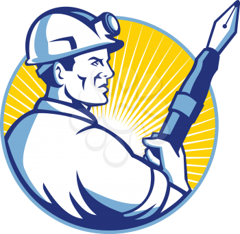 Mascot icon illustration of a coal miner holding a fountain pen looking forward set inside circle viewed from side on isolated background in retro style.