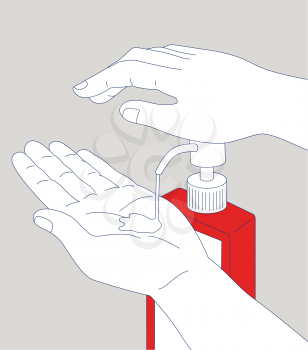 Mono line illustration of a hand pumping hand sanitizer antiseptic disinfectant soap dispenser cleaning and disinfecting.