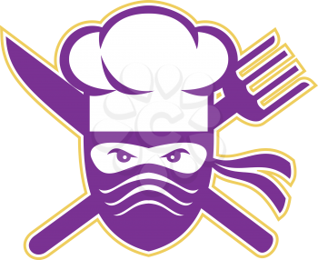Icon style illustration of a Ninja Chef, cook or baker with Crossed Knife and Fork on isolated background.