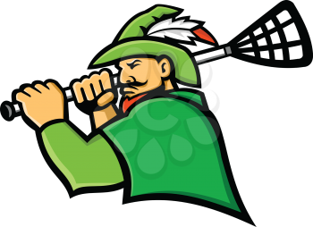 Mascot icon illustration of bust of a green archer or Robin Hood with lacrosse stick  viewed from side on isolated background in retro style.