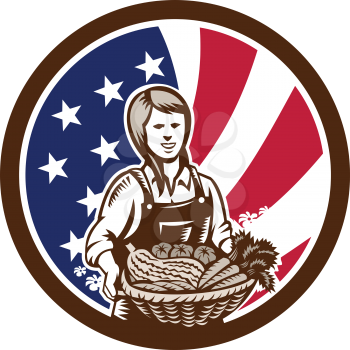 Icon retro style illustration of an American female organic farmer presenting crop harvest  with United States of America USA star spangled banner stars and stripes flag in circle isolated background.