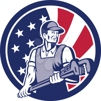 Icon retro style illustration of an American plumber and Pipefitter  holding monkey wrench with United States of America USA star spangled banner or stars and stripes flag in circle isolated background.