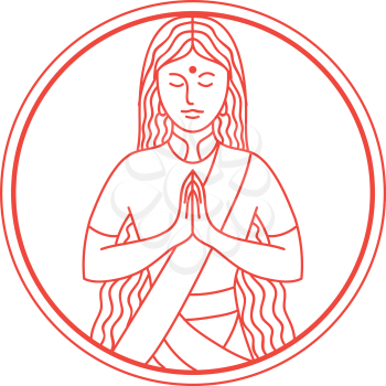 Icon style illustration of an Indian woman lady in a Namaste gesture bowing and hands pressed together, palms touching and fingers pointing upwards set inside circle.