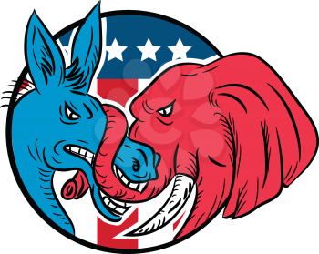 Drawing sketch style illustration of a Republican donkey biting a Democrat elephant fighting with USA American stars and stripes flag set inside circle on isolated white background.