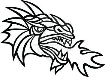 Mascot icon illustration of head of a mythical dragon breathing fire viewed from side on isolated background in retro style done in black and white.
