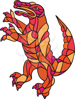 Mosaic style illustration of an alligator, gator, croc or crocodile prancing standing upright viewed from side on isolated background in color. 