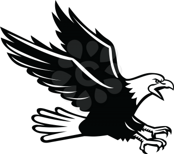 Retro style illustration of a screaming bald eagle with talons out swooping viewed from side on isolated background in black and white.