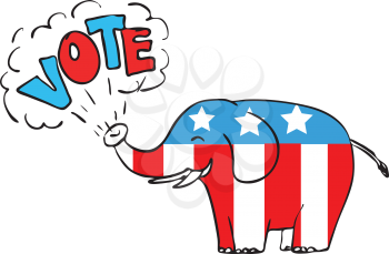 Drawing sketch style illustration of a American elephant blowing the word Vote from it's trunk on isolated white background in color.