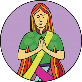 Mono line illustration of a young Indian woman pressing hands together with a smile to greet Namaste, a common cultural practice in India set inside circle done in monoline style.