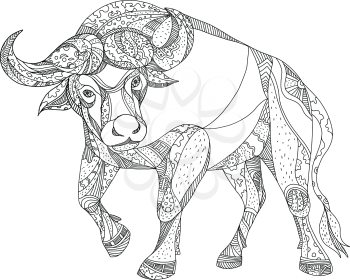 Doodle art illustration of African buffalo,Cape buffalo or Syncerus caffer, a large African bovine charging viewed from front done in black and white.