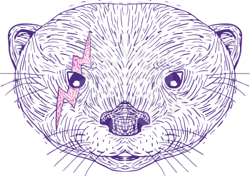 Illustration of an Asian Small-Clawed Otter head with lightning bolt on face near eye done in hand drawing sketch style on isolated background.