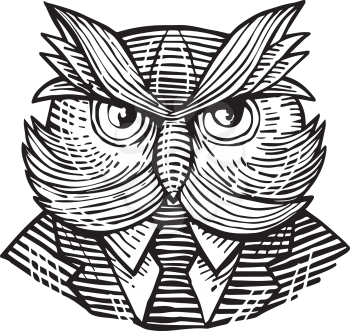 Retro woodcut style illustration of a hip or hipster wise owl with moustache wearing suit and tie viewed from front done in black and white.