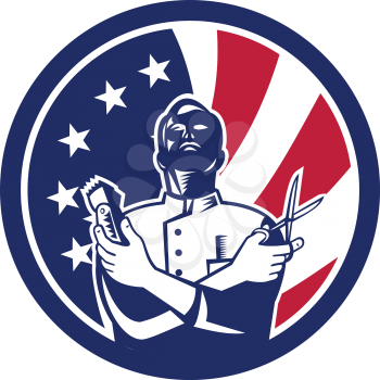 Icon retro style illustration of an American barber with scissors and hair trimmer with United States of America USA star spangled banner or stars and stripes flag inside circle isolated background.