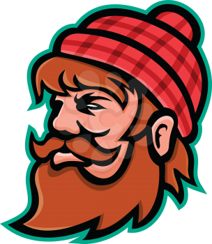 Mascot icon illustration of head of Paul Bunyan, a giant lumberjack in American folklore viewed from side on isolated background in retro style.
