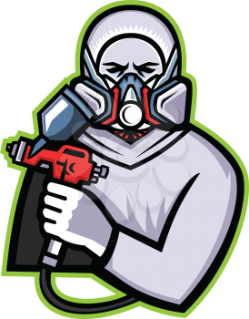Mascot icon illustration of an Industrial Spray Painter holding spray paint and wearing mask or paint respirator viewed from front on isolated background in retro style.
