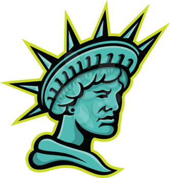 Mascot icon illustration of head of Libertas or Lady Liberty, the Roman goddess and embodiment of liberty wearing a crown viewed from side on isolated background in retro style.