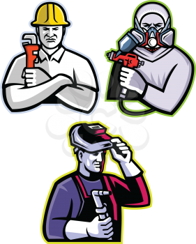 Mascot icon illustration set of tradesman like the pipefitter or plumber, automotive or industrial spray painter and welder or fabricator viewed from front on isolated background in retro style.