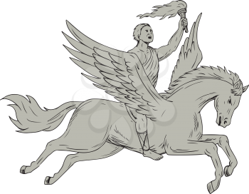Drawing sketch style illustration of Bellerophon, a Greek mythology hero riding Pegasus, a winged horse-god divine stallion holding torch viewed from the side set on isolated white background. 