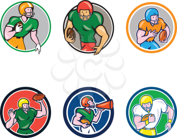 Set or Collection of cartoon character style illustration of American football player like quarterback, running back, center,wide receiver,tackle, guard set inside circle on isolated white background.