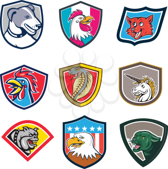Set or collection of cartoon character mascot style illustration of heads of animals like rooster, dog, fox, cobra, unicorn, bulldog, eagle and cougar or mountain lion set in crest on isolated white background.